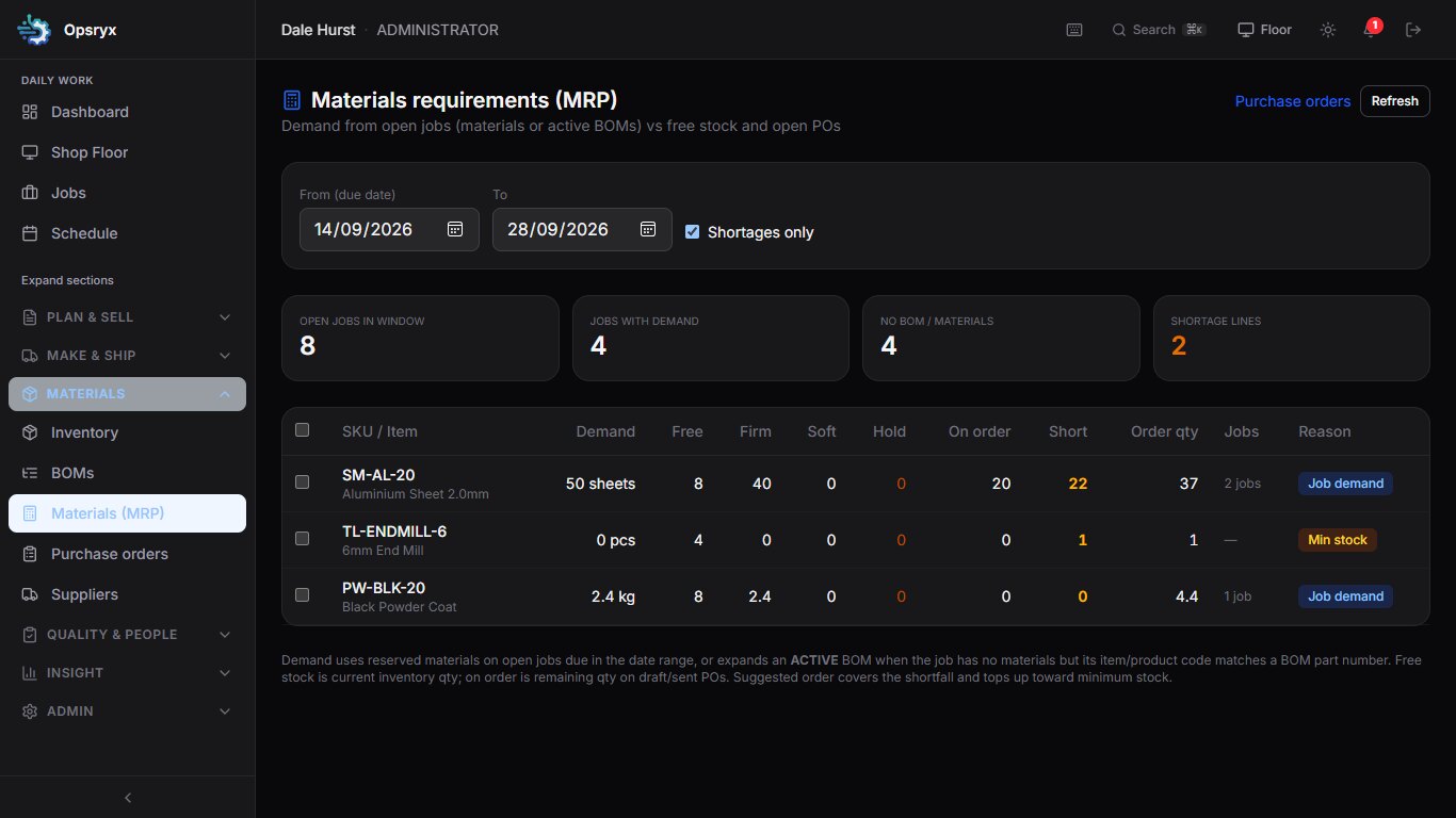 Opsryx materials requirements screen showing shortages against free stock and open purchase orders